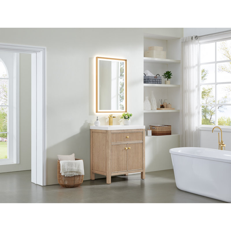 Ensemble de meuble-lavabo simple 30 po en pierre reconstituée avec miroir Lala, Chêne naturel