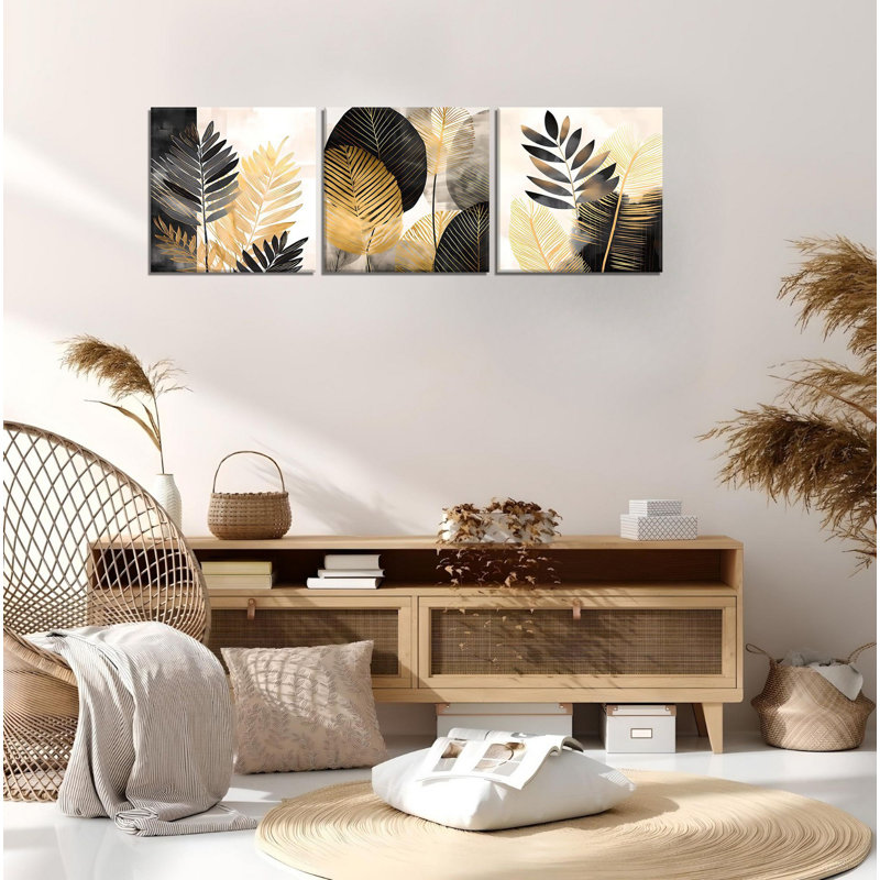Elegant Decorative Canvas Painting Set (3 Pieces), Gold & Black, 11.8 x 11.8 inches Each | 50% Cotton / 50% Polyester with 100% Wooden Frames (Thickness: 0.8 inches) | Stunning Wall Art for Modern Home Décor