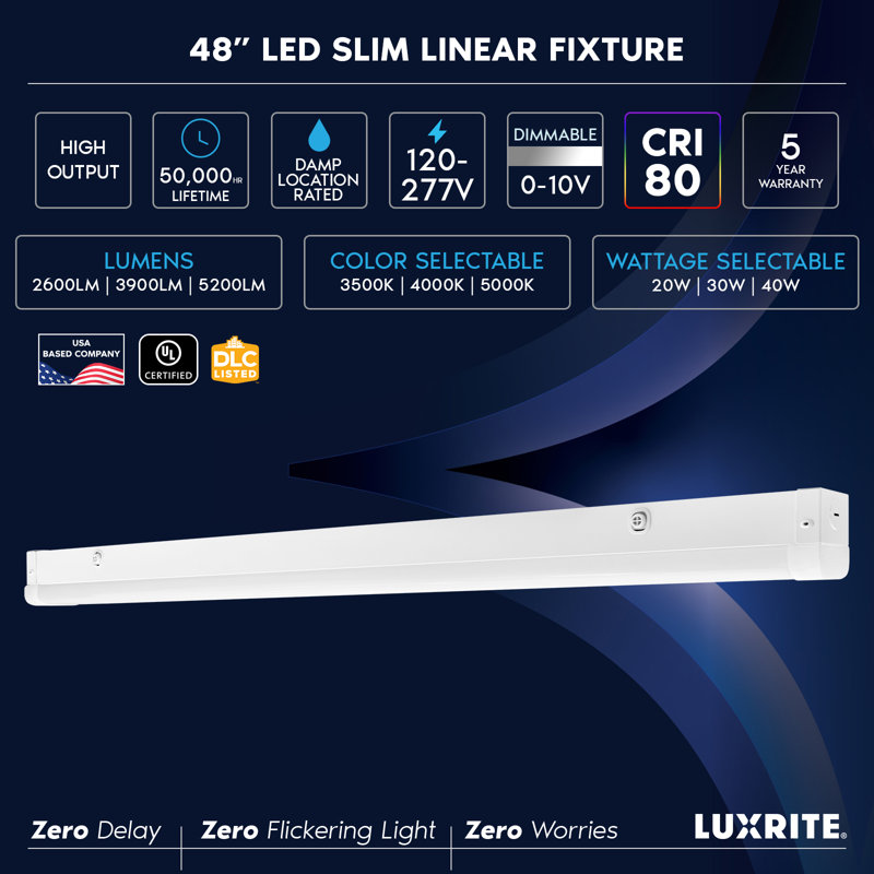 Éclairage linéaire à DEL de 48 pouces Luxrite, 3CCT sélectionnable, 20W / 30W / 40W, 2600-5200 lumens, à intensité variable, 120-277V, éclairage d'atelier commercial, classé humide, paquet de 4 DLC