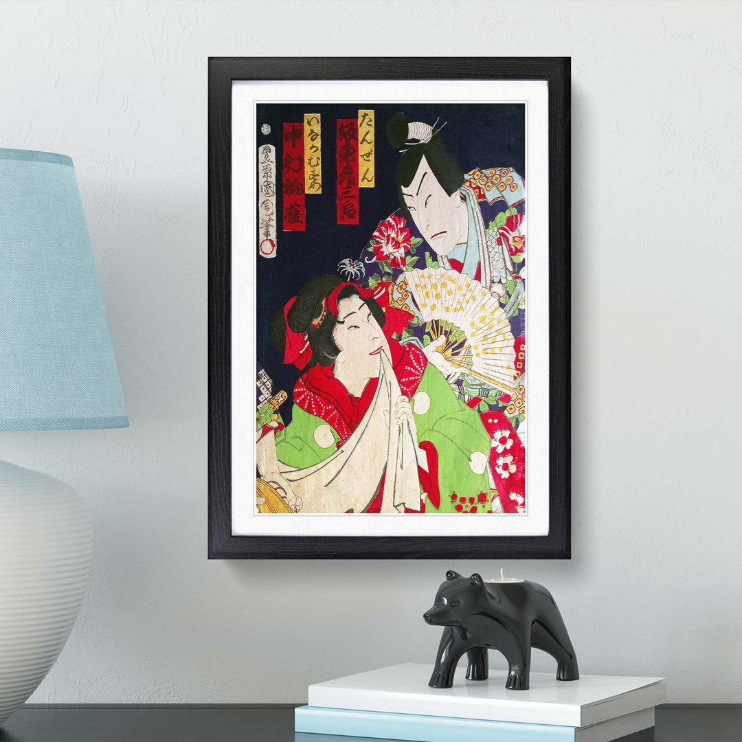 Lady & Man with a Fan by Toyohara Kunichika - Framed Print