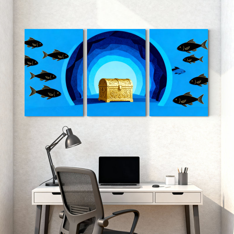 Underwater Treasure Chest And Fish Pattern Set of 3 Canvas Wall Art Prints, 18" H x 36" W