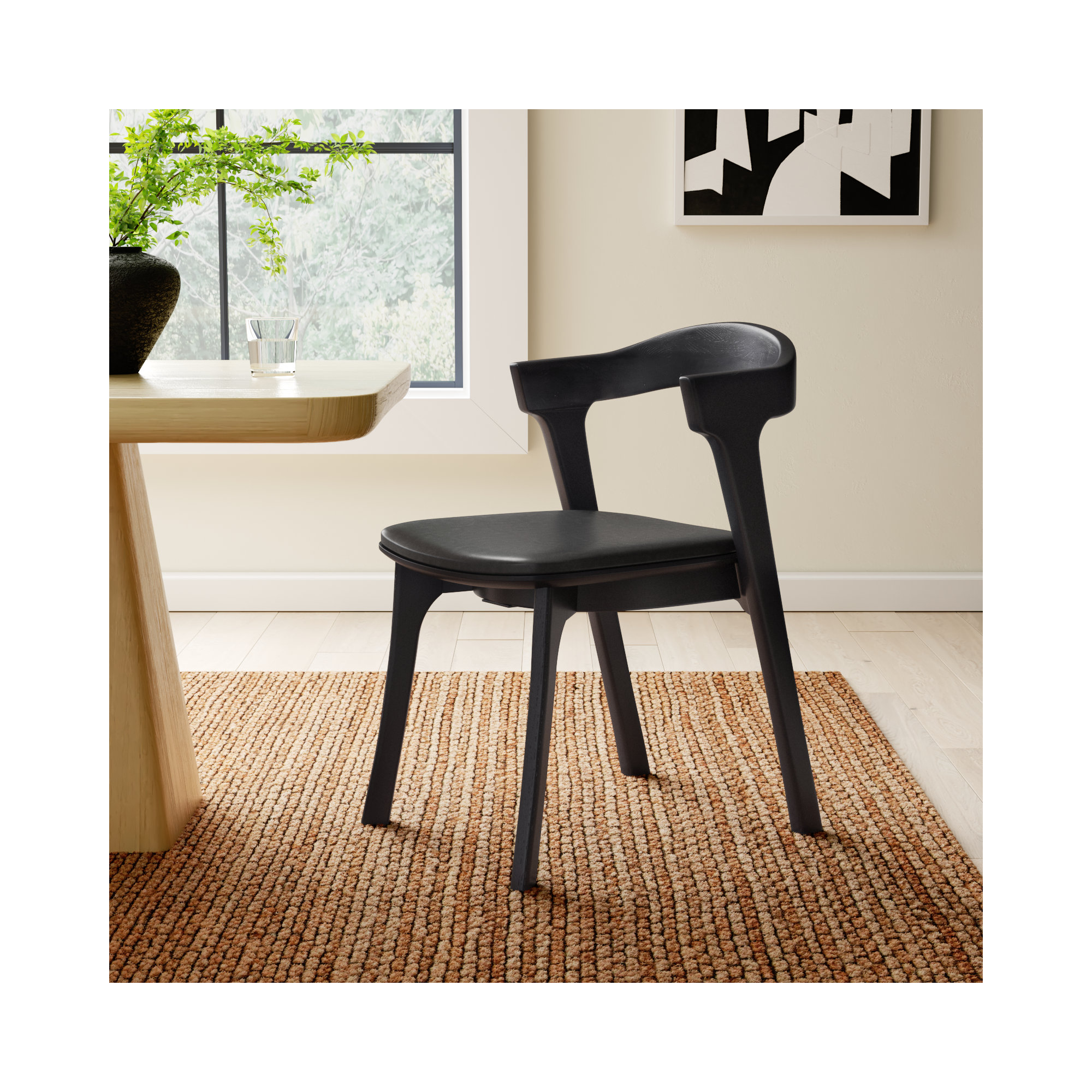 Carper Wood And Leather Dining Chair, Black Genuine Leather