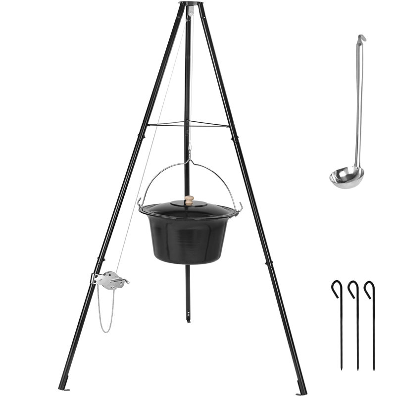 Goulash Pot With Tripod And Spoon, Original Hungarian Goulash Kettle, With Height-Adjustable Chain, With Ground Spikes, Kettle Goulash Pot Set, Enamel, For 10-15 People
