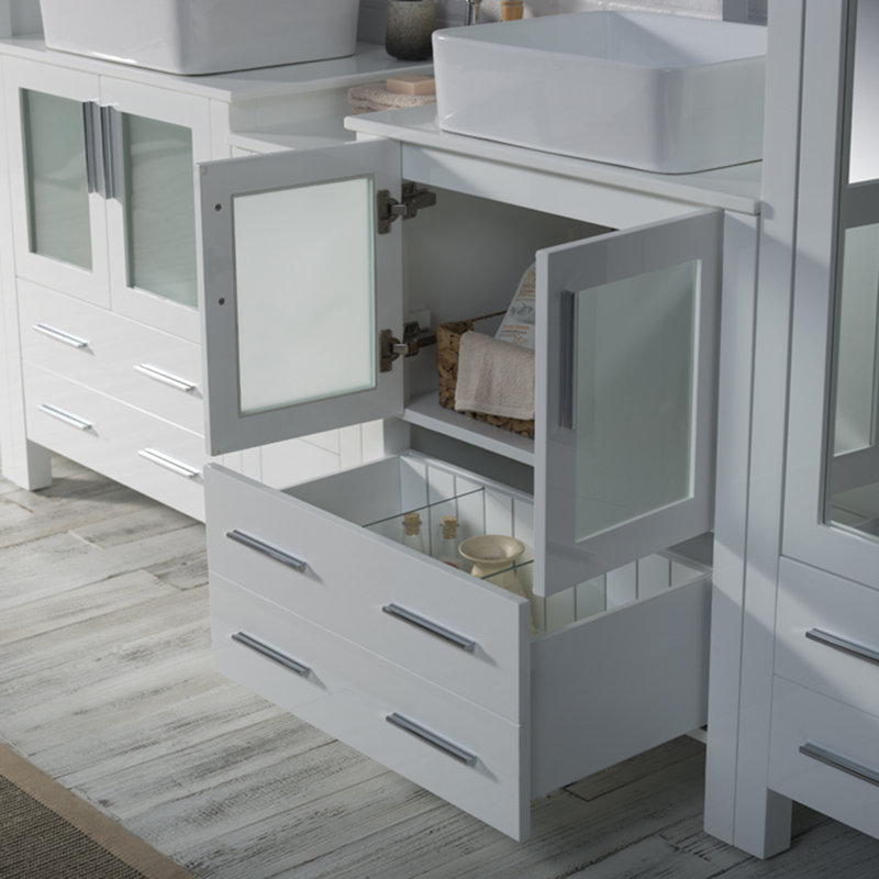 Mance 102" Double Bathroom Vanity Set with Mirror & Linen Closet, Glossy White