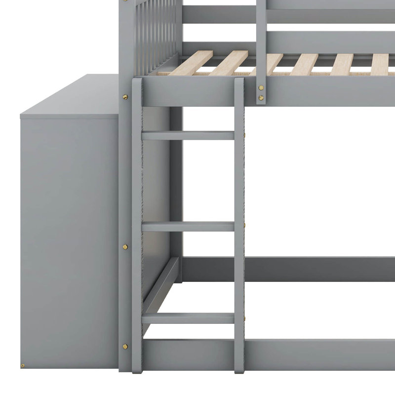 Full Over Full Bunk Bed With 4 Drawers, 3 Shelves, Wood Bunk Bed Frame With Guardrail, Ladder, Gray