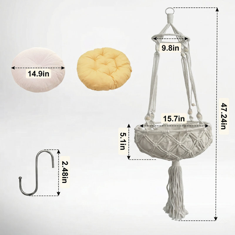 Hamac pour chat en macramé tissé à la main avec coussin, lit suspendu suspendu pour jouer, dormir, grimper et se prélasser, très grand