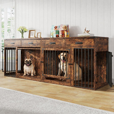 Meuble de 94 po avec 4 tiroirs, grand chenil pour chien avec cloison amovible 94,5 po, meuble télé cage pour chien multi-portes, meubles pour animaux de ferme pour grands chiens