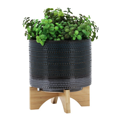 Pot à fleurs en céramique avec support en bois de 8 po - Convient pour le porche de décoration de jardin et de piscine