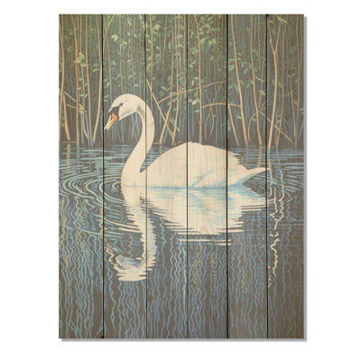 Swans Reflection By The River - Art sur bois de pin naturel