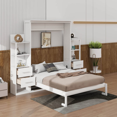 Lit escamotable avec tiroirs de rangement, lumières DEL et tablettes, armoire murale escamotable en bois Murphy