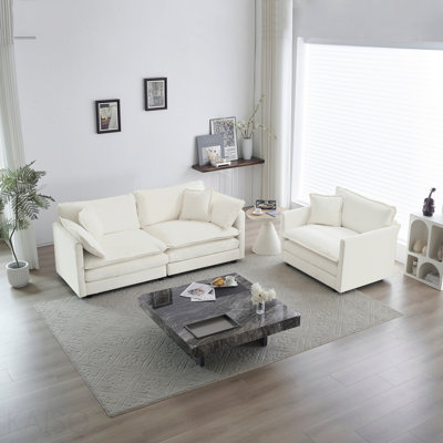 2-Seater Loveseat and Chair Set, Upholstered Chenille Sofa Living Room Furniture (1+2 Seat) - White