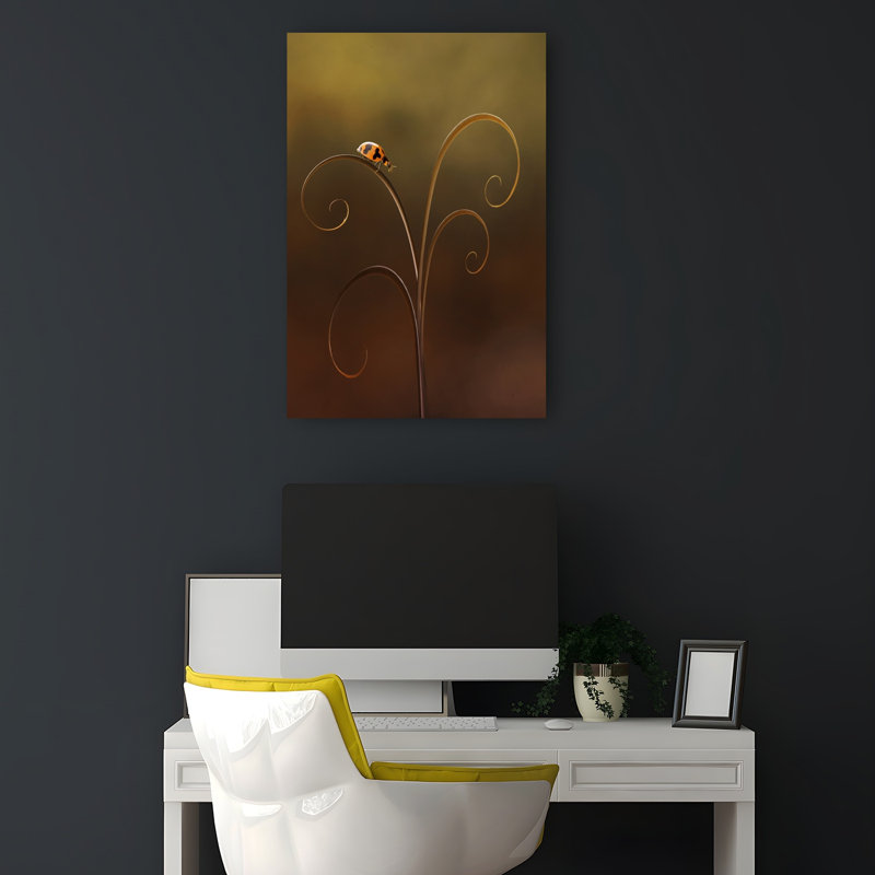 Ladybug On Spiral Tendril Delicate Elegant Organic Ladybug Nature Plant Wall Art Print 1 Piece Wrapped Canvas Wall Art