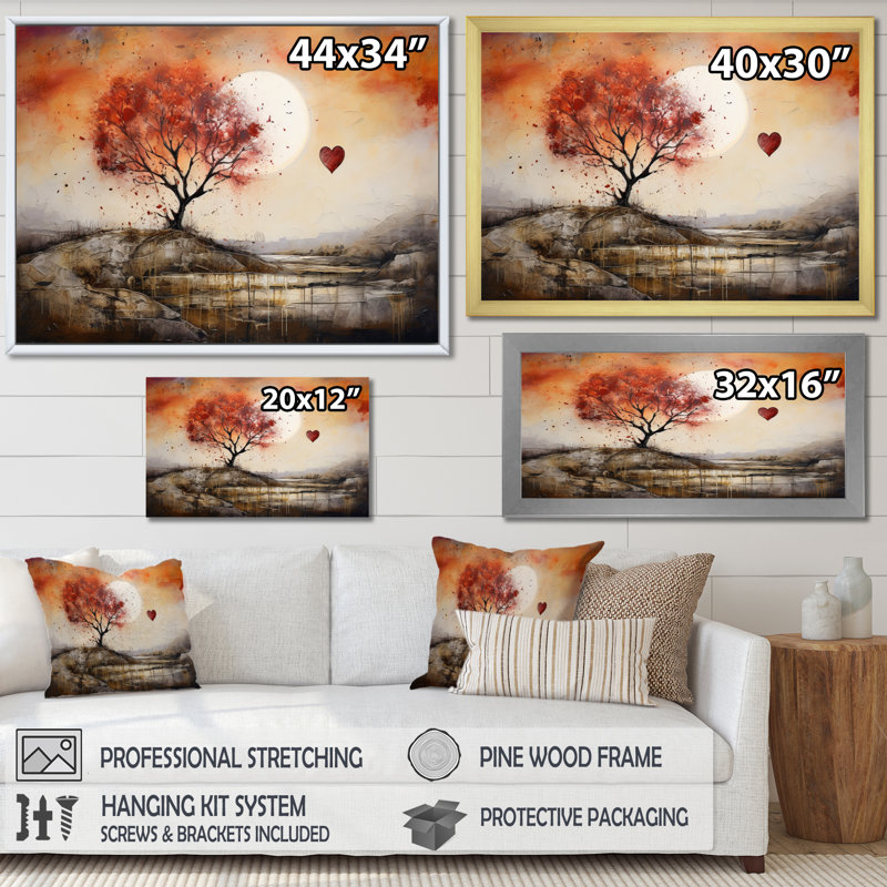 " Romantic Tree Landscape Melting Hearts ", Silver Single Picture Framed, 24" H x 32" W x 1" D