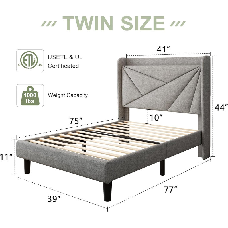 Twin Bed Frame, Upholstered Bed Frame with Charging Station