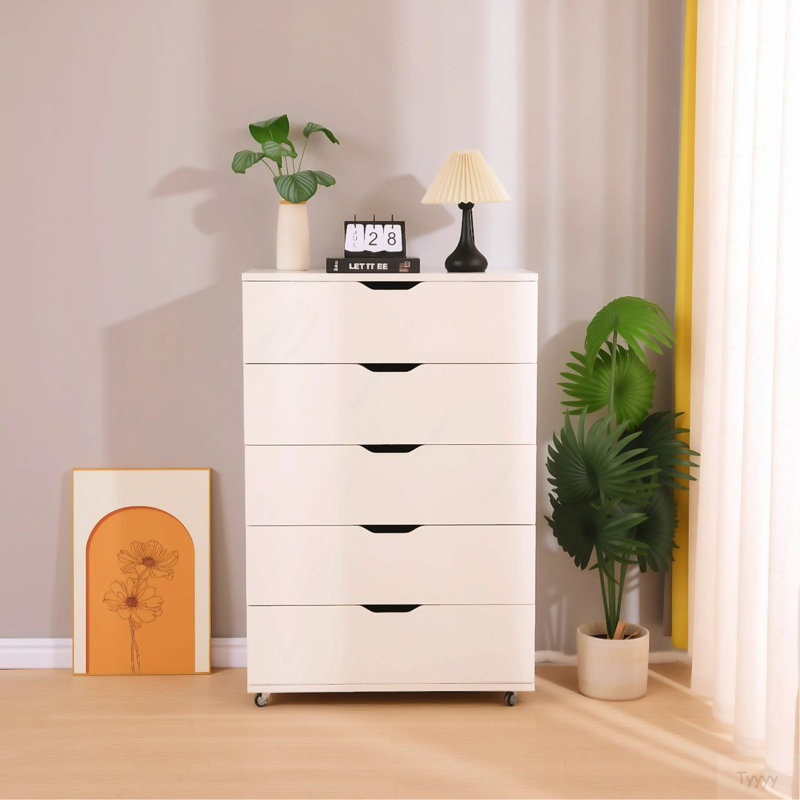 Commode de rangement blanche à 5 tiroirs avec roulettes - Armoire de rangement moderne