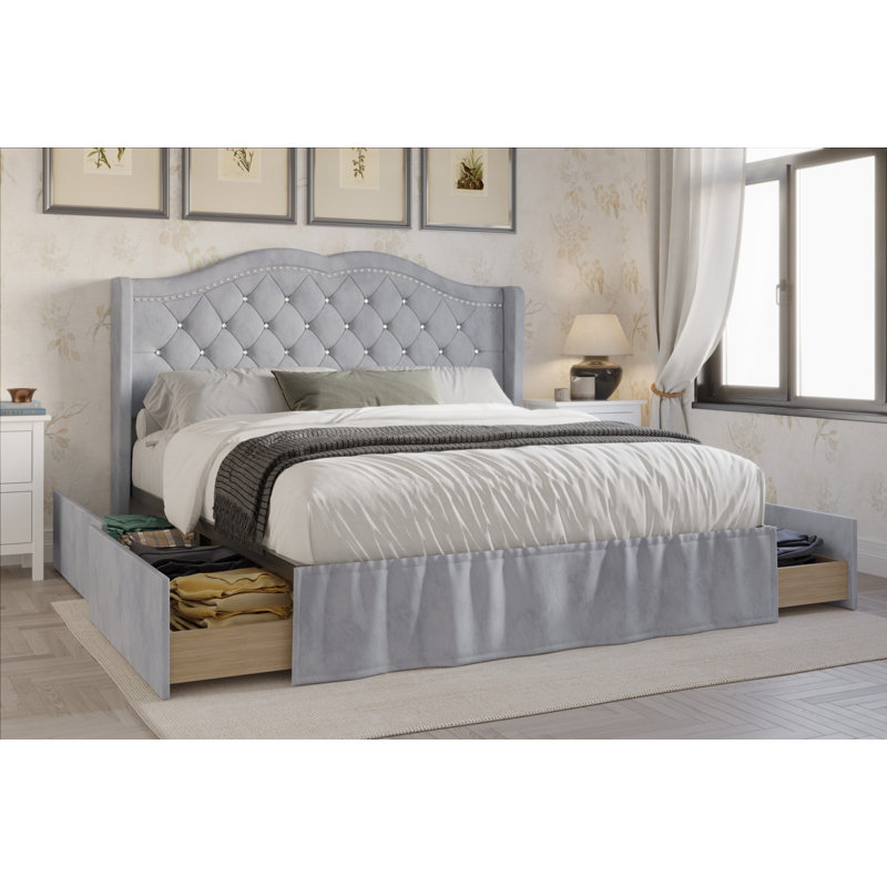 Lit à panneaux tapissier avec rangement Charland, Gris argenté, Très grand
