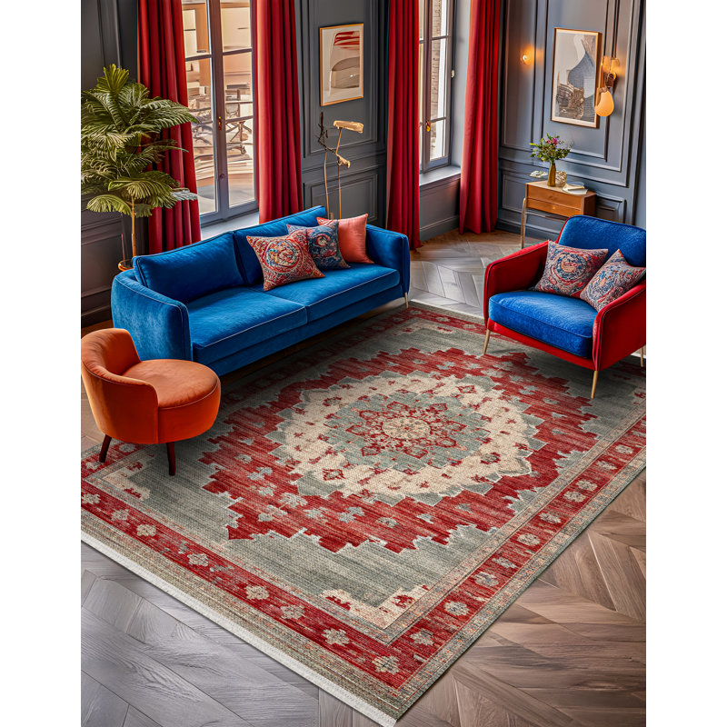Notto Red Oriental Machine Printed Cotton Polyester Area Rug, Runner 4' x 11'6"