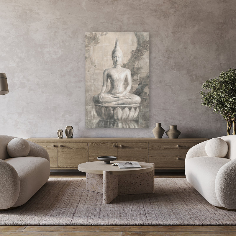Bouddha asiatique et beige, art neutre, H 48 po x l 32 po
