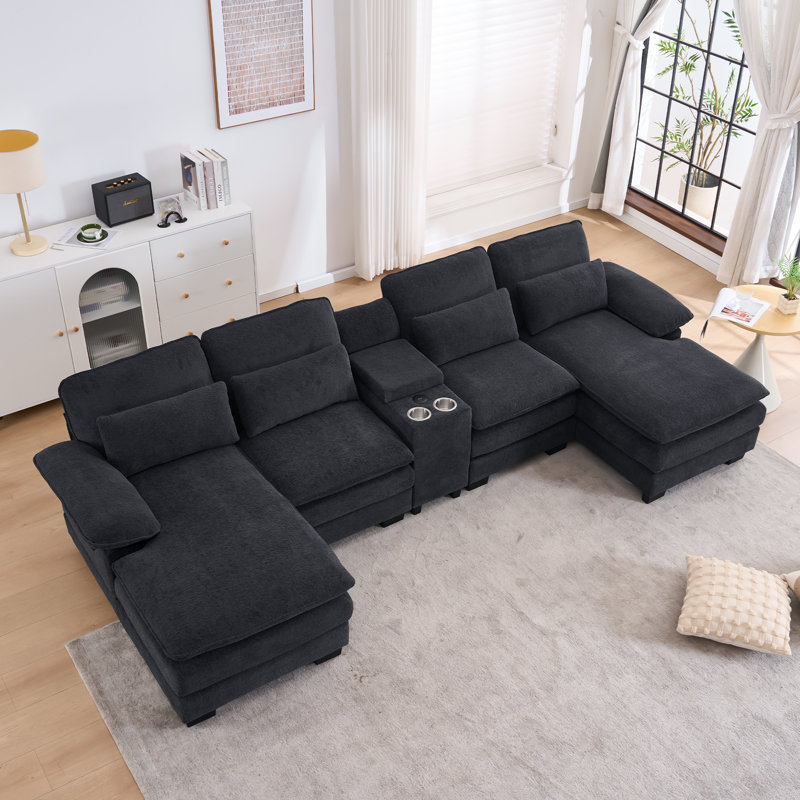 124'' U-shaped Sectional Sofa, 4-Seater Modular Sofa With Storage, Living Room Cloud Couch Sleeper Sofa Sectional With Chaise,With Console And USB 