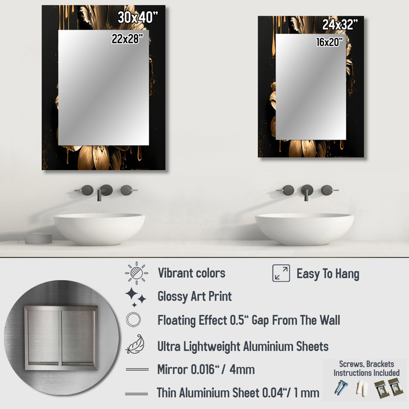 Black And Gold Daisy III - Daisy Unique Wall Mirror, Traditional Mirror, Printed Metal Art, 32" x 24"