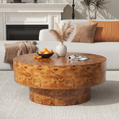 Handcrafted Burl Wood Round Coffee Table with Strudy Pedestal, Mid-Century Modern Solid Wood Coffee Table for Living Room