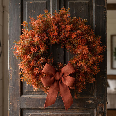 22 Inch Fall Artificial Boxwood Wreath for Front Door, UV Resistant Orange Brown Gradient Faux Autumn Wreath with Grapevine Base for Indoor Outdoor Fireplace Mantel Porch Thanksgiving Decor (No Bow Decoration)