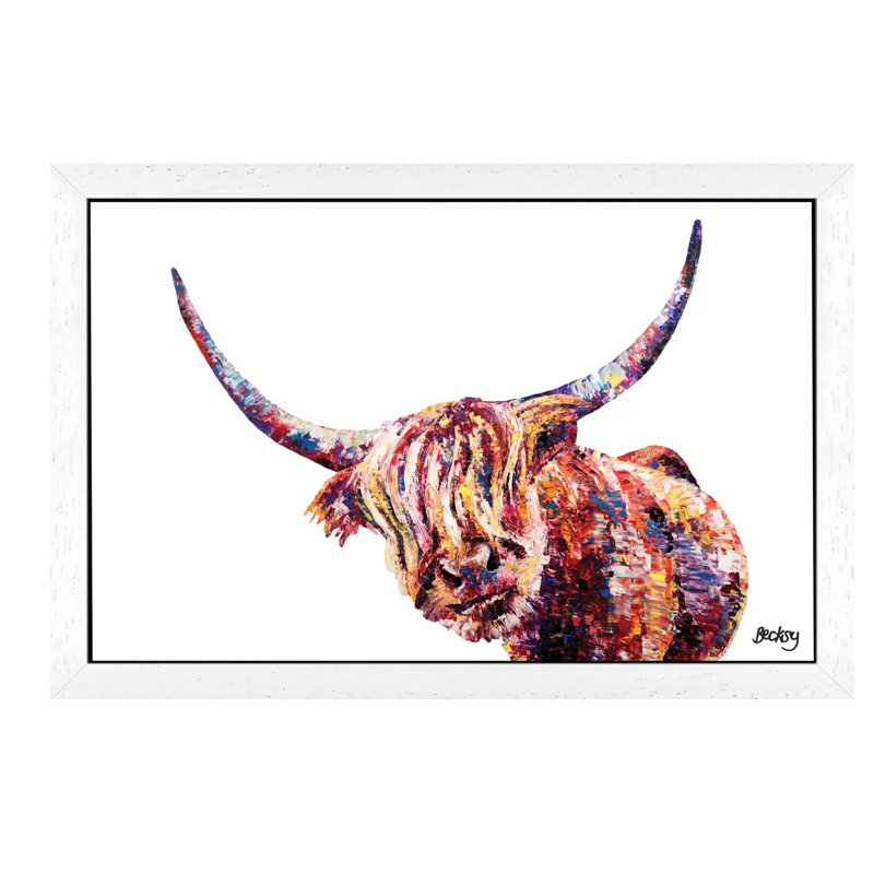 Olivia's Highland Cow by Becksy - Painting on Canvas, 101.6 cm H x 66.04 cm W, White Framed