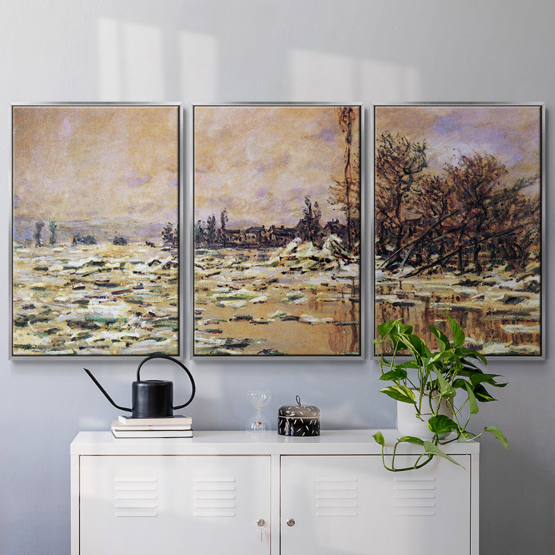 3 pièces Monet, H 24 po x l 48 po x P 2 po, Encadrement argenté