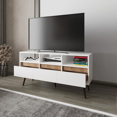 Stylish White And Natural Oak TV Stand With 3 Drawers And 3 Shelves, Perfect For Modern And Rustic Interiors, TV Stand