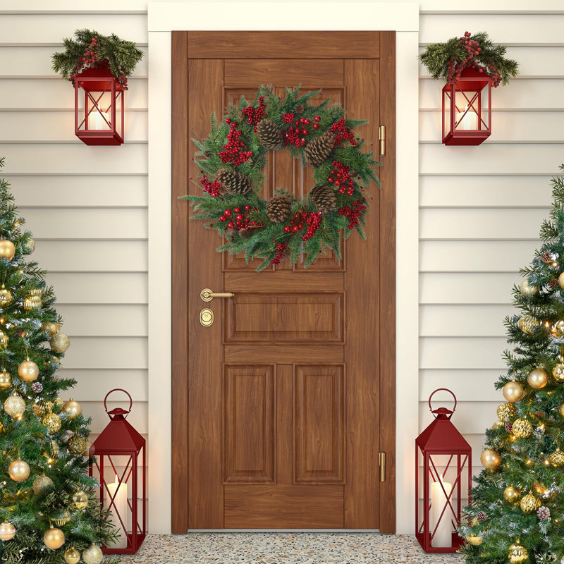 Couronne de Noël artificielle 22 pi pour porte d'entrée avec aiguilles de pin, baies rouges, grosses pommes de pin, décorations de Noël
