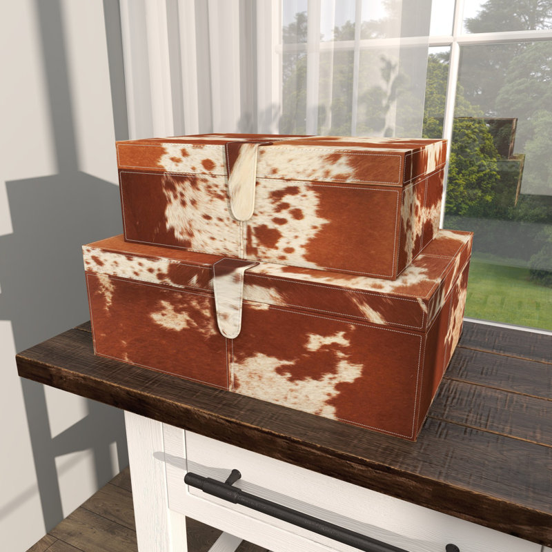 Georgine Natural Leather Hide and Wooden Decorative Box Set (Set of 2), Brown/White