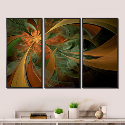 Symétrique symétrique orange numérique fractal - ensemble de 3 reproductions d'art encadrées florales sur toile
