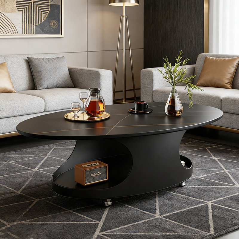 Table basse ovale simple avec poulie, 17.71" H  x 27.55" D x 51.18" W, Black/Gold Top/Black Base