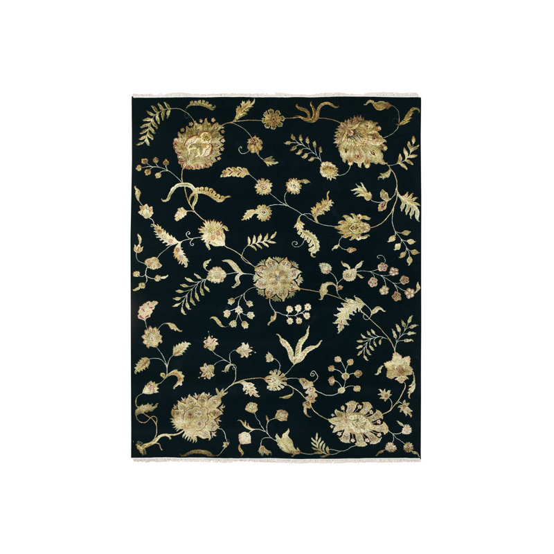 Tapis noir en laine et en soie noué à la main 8 pi x 10 pi 7793B3B7A61F4BD0BED72618E26A67BD