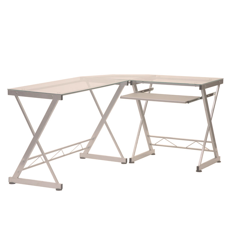 Bureau d'ordinateur en L en verre trempé avec panneau de clavier coulissant, Transparent/blanc