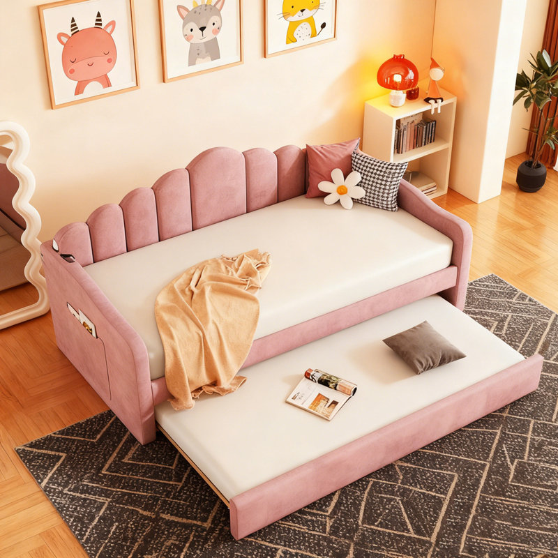 Upholstered Daybed with Trundle ,Velvet Sofabed with USB Charging Ports