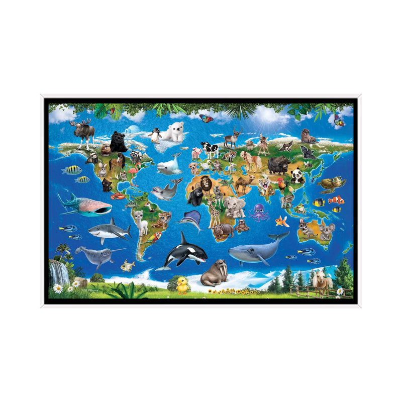 Animal Club World Map by P.D. Moreno - Print on Canvas, White Framed, 101.6 cm H x 66.04 cm W