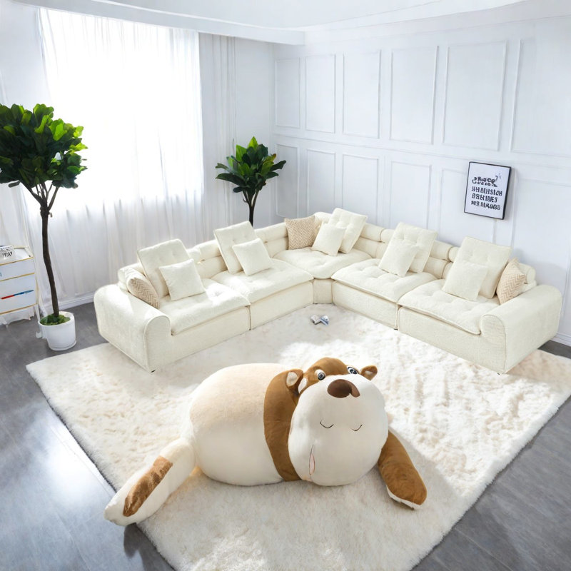 Canapé d'angle moderne en bouclette blanche Cloud Comfort de 315 cm (124 po) pour la maison, White Boucle