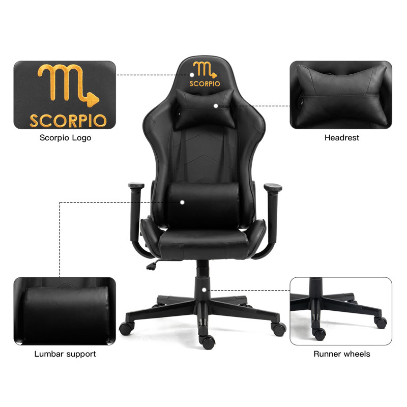 Inbox Zero Gaming Chair With Zodiac Star Sign Poker Crown Adjustable Reclining Ergonomic Swiveling PC & Racing Game Chair in Black