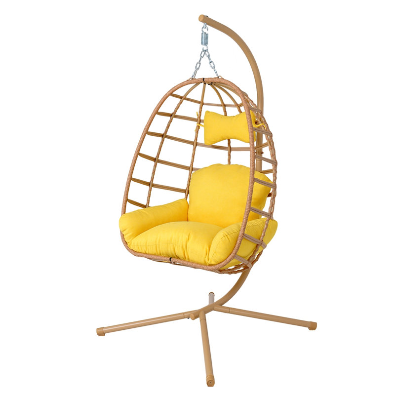 Outdoor PE Rattan Hanging Swing Chair with Heavy-duty Double Rope, Yellow, Yellow