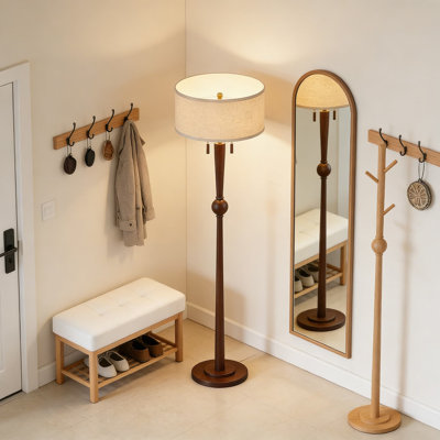Solid Oak Wood Floor Lamp With Sculptural Base And 2-Light Pull Chain, 17 Inch Linen Drum Shade, Tall Standing Lamp For Living Room And Bedroom, Includes LED Bulbs