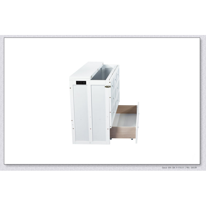 Armoire de lit escamotable Murphy avec tiroir de rangement et station de charge, port USB, cadre de lit escamotable en pin massif pour bureau à domicile, studio ou chambre d'amis