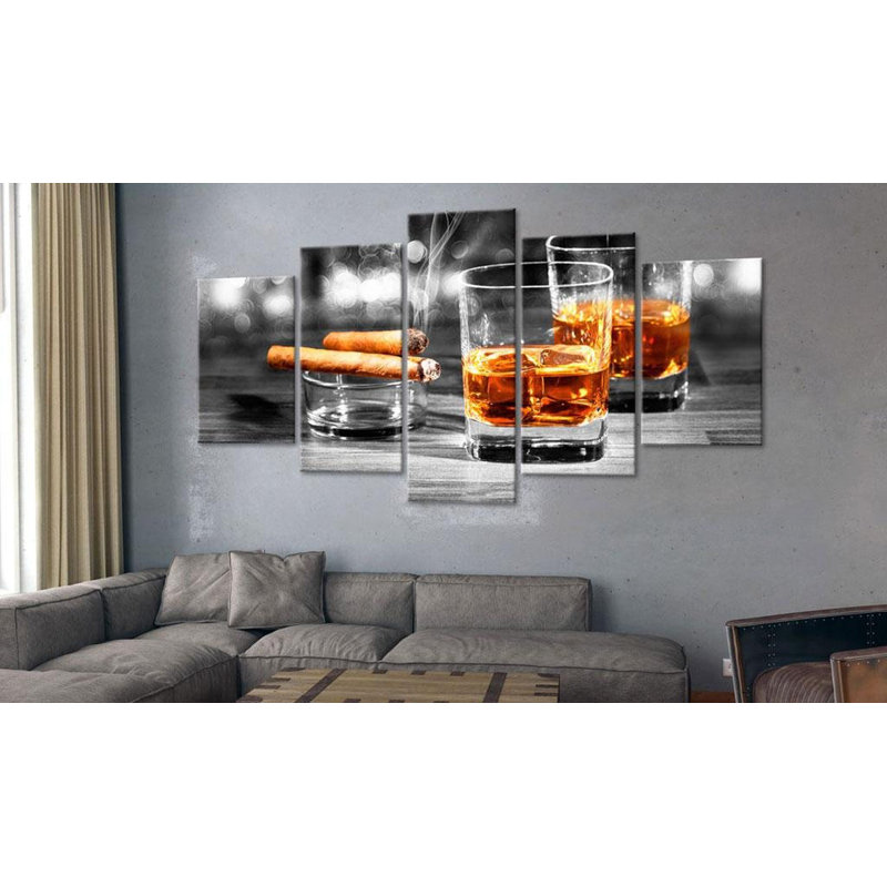 Cigares et whisky sur toile, reproduction de 5 pièces, H 20 po x l 40 po x P 0,7 po