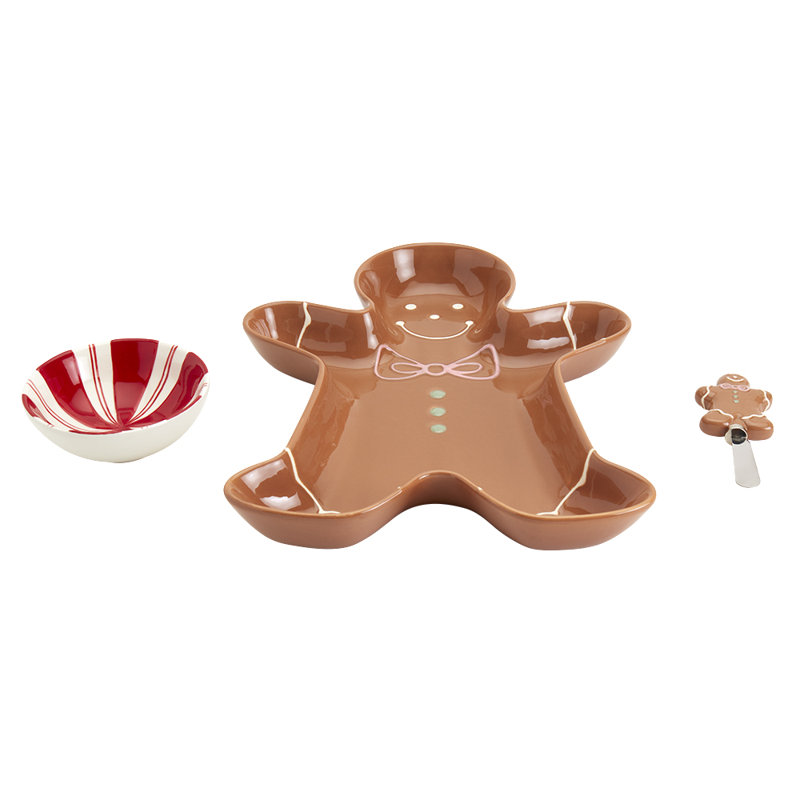 Tabletops Gallery 3-Piece Gingerbread Man Stoneware Serving Bowl Set with Gingerbread Cheese Spreader