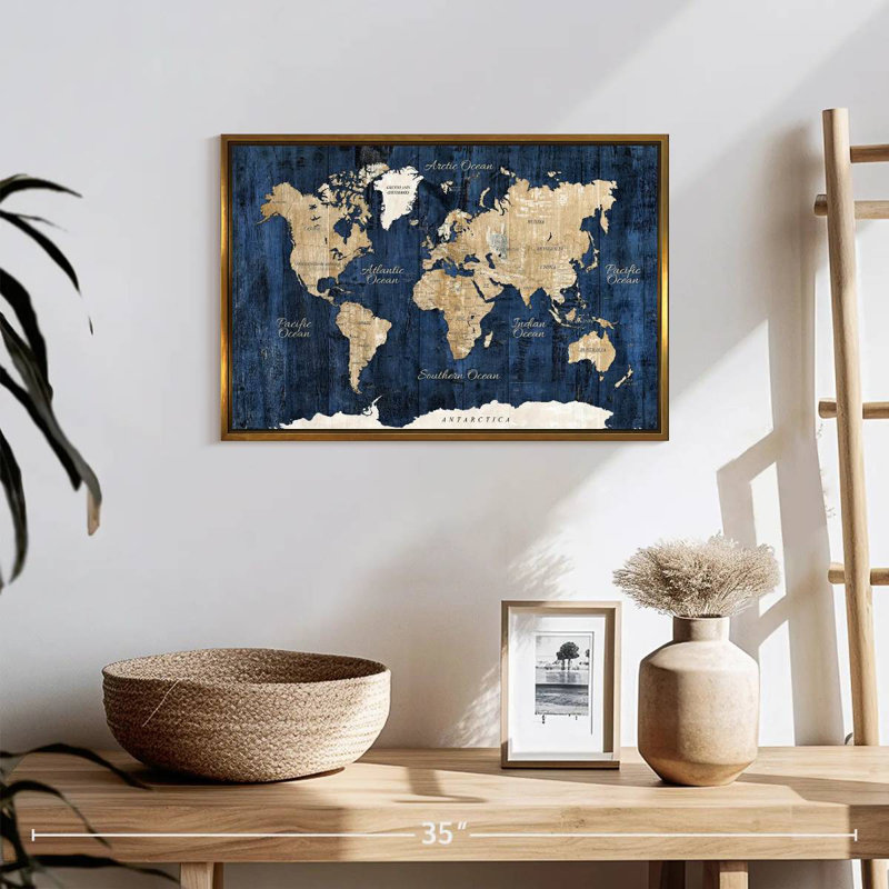 Carte du monde en bois texturé, 19 po x 13 po, Cadre flottant doré