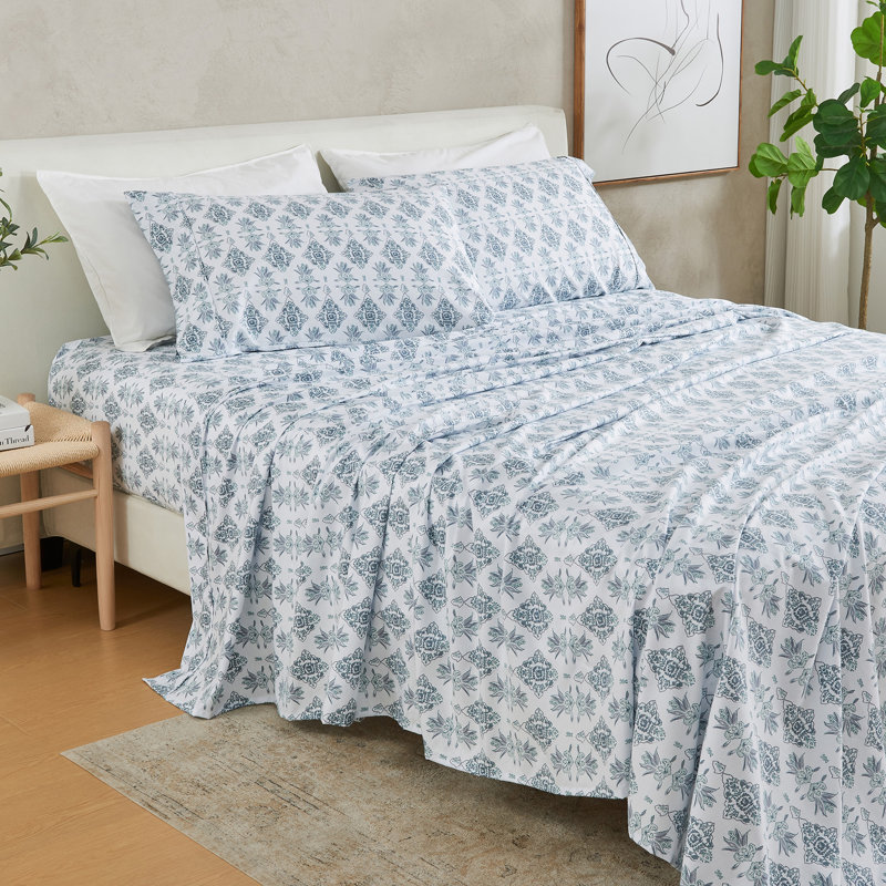 Ensemble de draps en coton et rayonne de bambou, Ensemble de draps pour taille de lit très grand a, Motif floral bleu / blanc