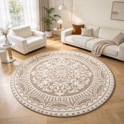 5' Round Medallion Stain-Resistant Beige Area Rug