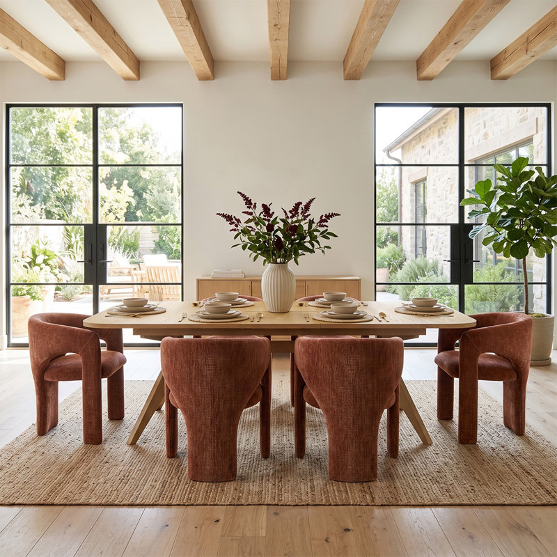 Ensemble de table de salle à manger extensible en placage de bois de 78" à 96" avec 6 fauteuils en chenille, Terra