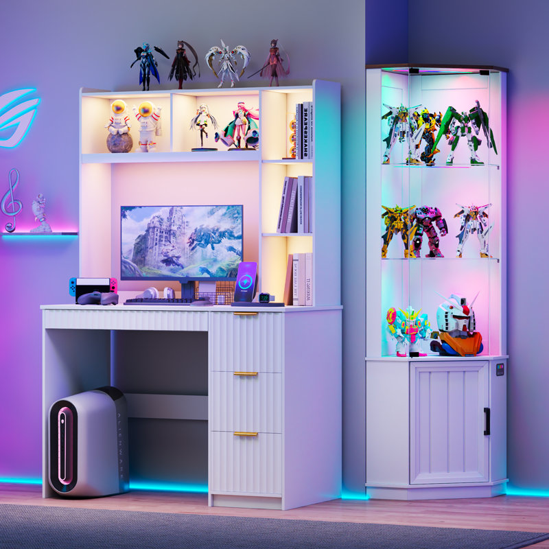 4-Drawer Computer Desk with Bookshelves and Led Lighting, Home Office Desk with Charging Station, White