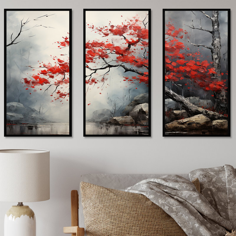 Fiery Red Maple Tree II - ensemble d'art mural sur toile érable, H 28 po x l 36 po, Cadre flottant noir